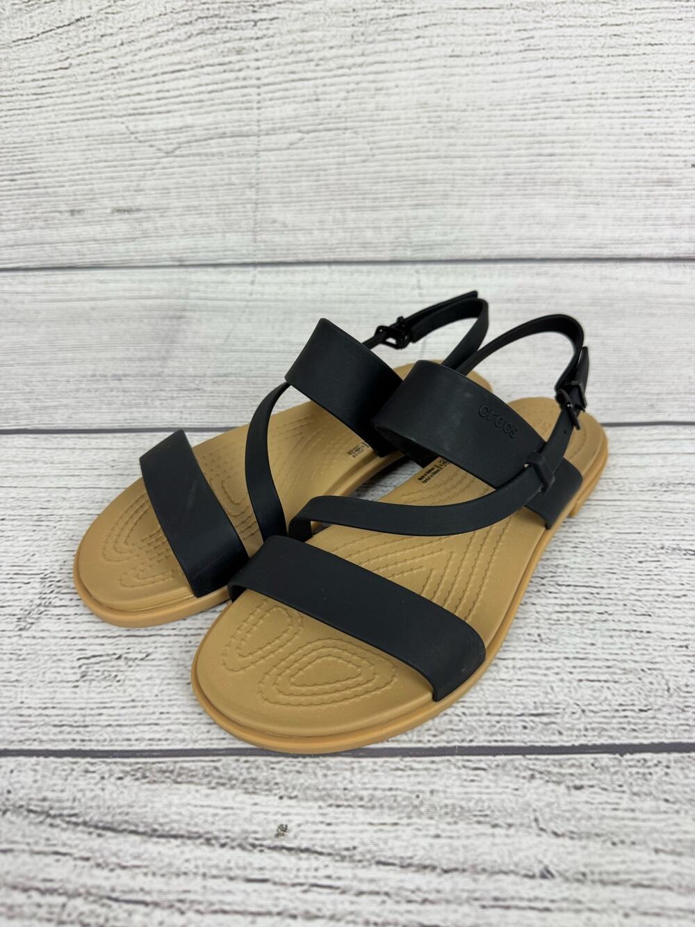 Crocs Women's Tulum Black & Tan Strappy Sandals Size 6